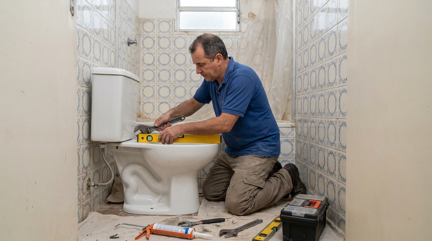 Técnico instalando vaso sanitário em Catanduva‑SP